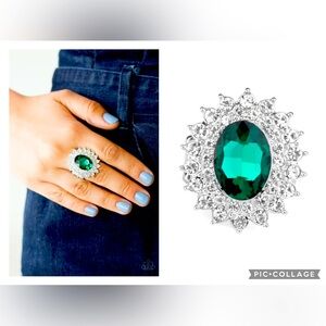 Secret Garden Glow White Rhinestone and Green Gem Statement Ring